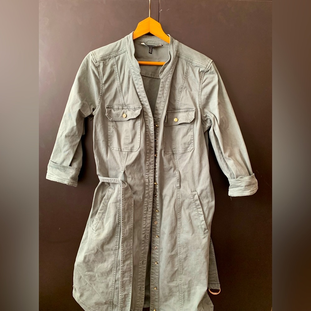 White House Black Market green trench coat with gold buttons